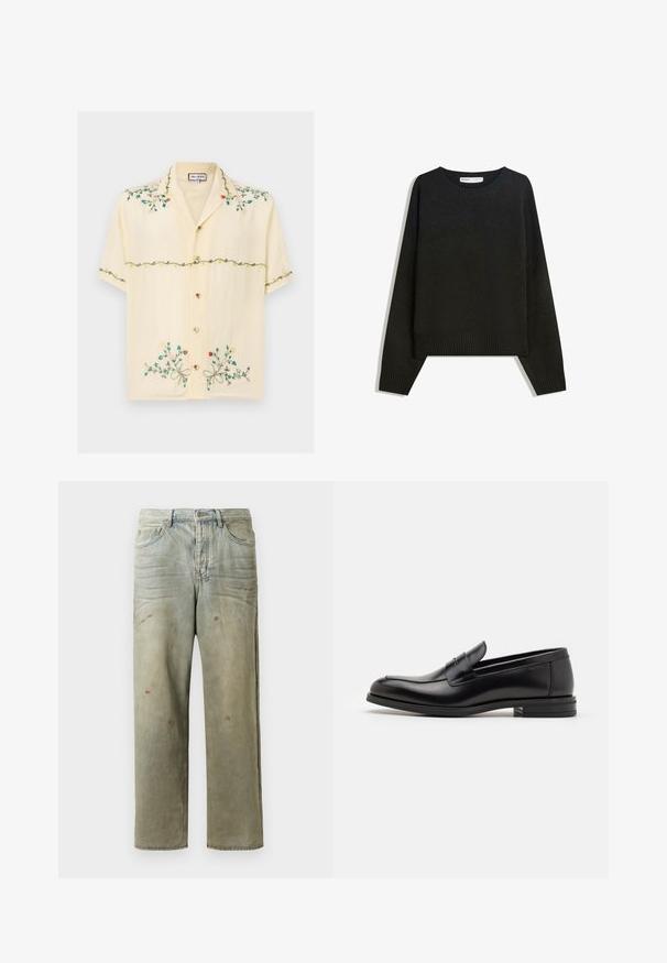 Black knitted sweater featuring a round neckline, ribbed cuffs, and hem. The design is boxy with dropped shoulders for a relaxed fit.; Short-sleeve, light yellow shirt made of smooth fabric, featuring colorful embroidered floral patterns, buttons, and a relaxed collar design.; Distressed denim jeans in light green, featuring a straight leg, five-pocket design, and uneven fading with paint splatters.; Black leather loafers with a smooth texture, rounded toe, and a decorative strap across the vamp. Low stacked heel, minimalist design.