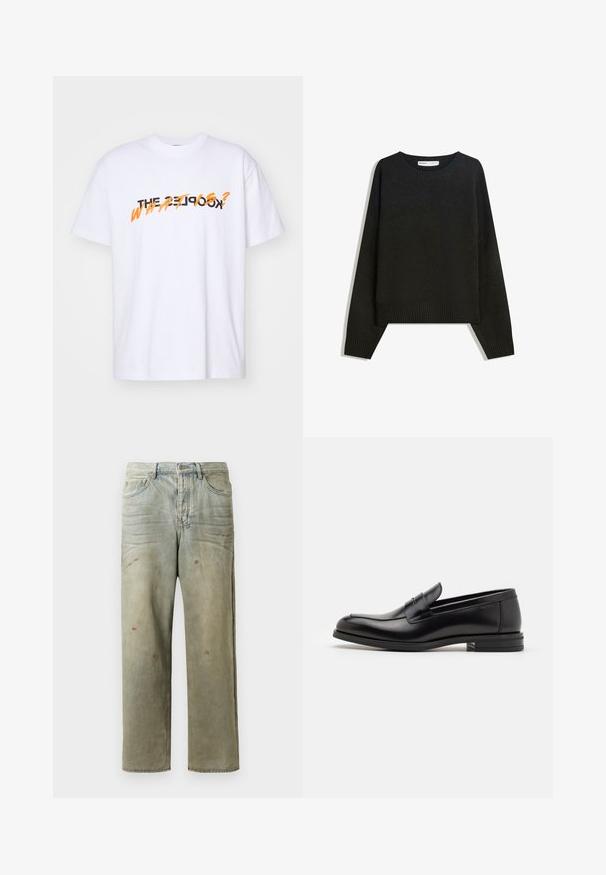 Svart stickad tröja med rund halsringning, ribbade ärmslut och nederkant. Designen är boxig med sänkta axlar för en avslappnad passform.; Vit bomullströja med korta ärmar som har texten "THE KOOKS? WHAT IS?" i fet svart och orange lettering. Enkelt design.; Slitna denimjeans i ljusgröna toner, med rak benprofil, femficksdesign och ojämn blekning med färgsplatter.; Svarta läderloafers med en slät yta, rund tå och ett dekorativt band över främre delen. Låg staplad klack, minimalistisk design.