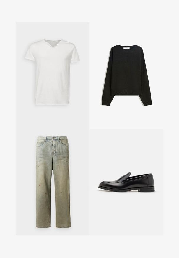 Czarny sweter z dzianiny z okrągłym dekoltem, z prążkowanymi mankietami i dołem. Krój jest luźny, z opadającymi ramionami, co zapewnia swobodny wygląd.; Biała koszulka z krótkim rękawem, wykonana z miękkiej bawełny. Posiada dekolt w serek z dekoracyjnym guzikiem w okolicy dekoltu. Gładka faktura.; Zniszczone dżinsy w jasnym zielonym kolorze, z prostymi nogawkami, pięcioma kieszeniami oraz nierównomiernym blaknięciem i plamami farby.; Czarne skórzane mokasyny o gładkiej fakturze, zaokrąglonym nosku i dekoracyjnym pasku na przodzie. Niski, warstwowy obcas, minimalistyczny design.