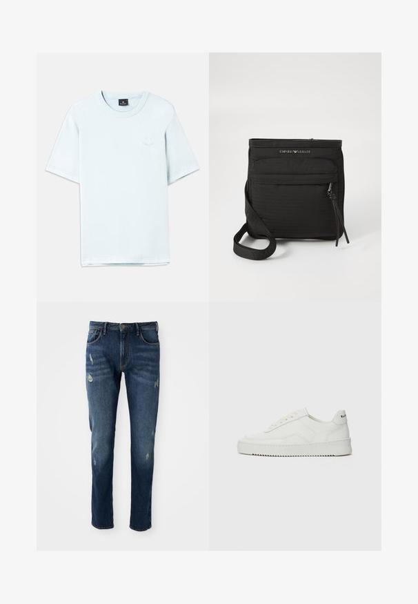 Námořnická modrá mikina s kruhovým výstřihem a dlouhými rukávy, s vzorovaným logem orla a iniciály "GA" umístěnými na hrudi.; Světle modré bavlněné tričko s krátkým rukávem, kulatým výstřihem a malým logem v světlejším tisku na hrudi. Hladký povrch, standardní střih.; Tmavě modré džíny s úzkým střihem, mírným poškozením na stehnech a kolenou, klasický pětikapsový design a zapínání na knoflík.; Bílé kožené tenisky s hladkým povrchem, kulatou špičkou, plochými tkaničkami a texturovanou podrážkou. Na patě se nachází nenápadné logo.; Černá crossbody taška Emporio Armani s přední zipovou kapsou, nastavitelným popruhem a logem na texturované tkanině.