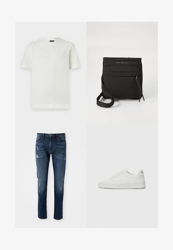 Sweatshirt azul-marinho de gola redonda com mangas longas, apresentando um logótipo de águia padronizado com as iniciais "GA" centradas no peito.; Camiseta branca feita de tecido texturizado com padrão quadriculado, apresentando decote redondo e mangas curtas.; Jeans de ganga azul escuro com corte slim, ligeira abrasão nas coxas e joelhos, design clássico de cinco bolsos e fecho com botão.; Sapatilha de couro branco com acabamento suave, bico redondo, atacadores planos e uma sola texturizada. Apresenta um logotipo discreto no calcanhar.; Mala transversal preta da Emporio Armani com bolso frontal com fecho, alça ajustável e detalhe do logótipo em tecido texturizado.