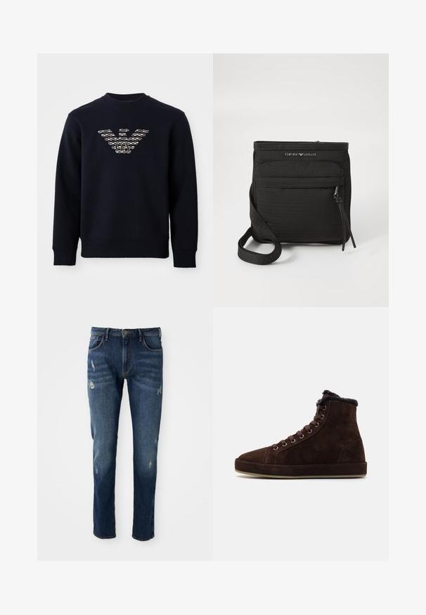 Sweatshirt bleu marine à col rond avec des manches longues, arborant un logo d'aigle à motif avec les initiales "GA" centrées sur la poitrine.; Jean en denim bleu foncé avec coupe ajustée, légèrement abîmés aux cuisses et aux genoux, design classique à cinq poches et fermeture par bouton.; Baskets hautes en suède marron avec laçage à l'avant, bout rond, doublure douce au col et semelle en caoutchouc.; Sac en bandoulière noir Emporio Armani avec poche zippée à l'avant, bandoulière ajustable et détail logo sur tissu texturé.