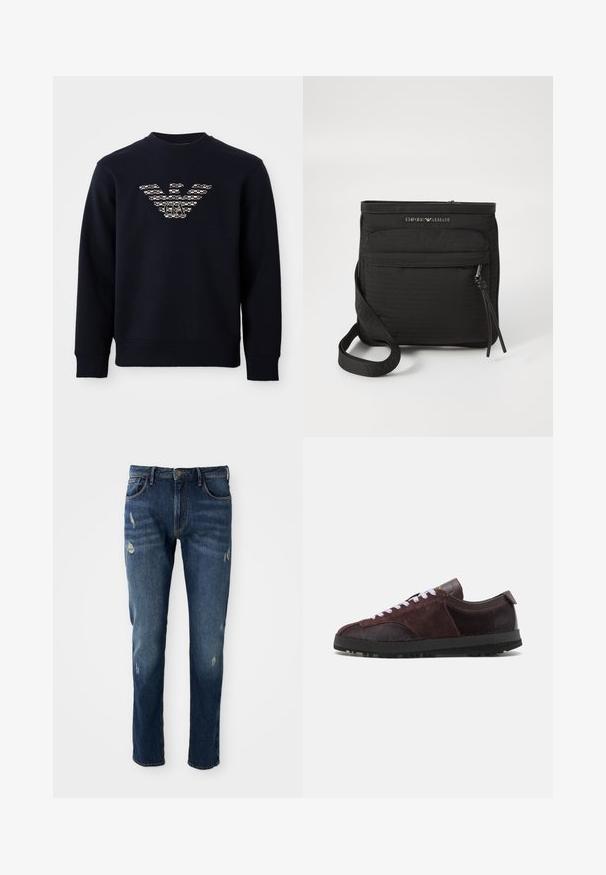 Felpa a girocollo blu navy con maniche lunghe, caratterizzata da un logo a forma di aquila con un motivo e le iniziali "GA" al centro del petto.; Jeans in denim blu scuro con vestibilità slim, lievi abrasioni su cosce e ginocchia, design classico a cinque tasche e chiusura con bottone.; Paul Smith ZEPHYR - Sneakers basse - purple; Borsa a tracolla nera Emporio Armani con tasca anteriore con zip, tracolla regolabile e dettaglio del logo su tessuto testurizzato.