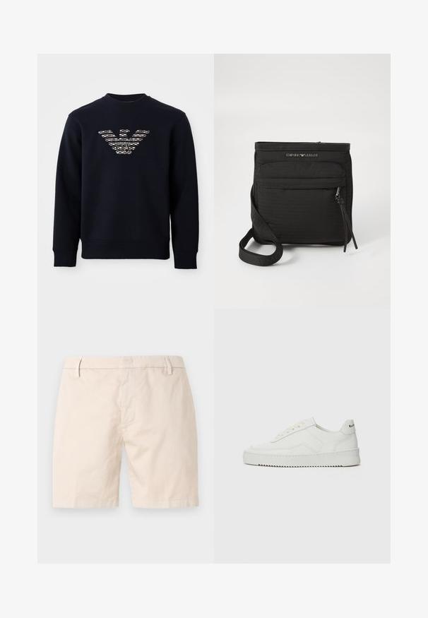 Marineblaues Crewneck-Sweatshirt mit langen Ärmeln, das ein gemustertes Adler-Logo mit den Initialen "GA" in der Mitte der Brust zeigt.; Beige Baumwollshorts mit geradem Schnitt, Knopfverschluss, Gürtelschlaufen und seitlichen Taschen. Glatte Textur und einfaches Design.; Weiße Ledersneaker mit glatter Oberfläche, runder Zehenpartie, flachen Schnürsenkeln und strukturiertem Sohlenprofil. Mit einem dezenten Logo an der Ferse.; Schwarze Emporio Armani Umhngetasche mit vorderer Reißverschlusstasche, verstellbarem Trageriemen und Logodetail auf strukturiertem Stoff.