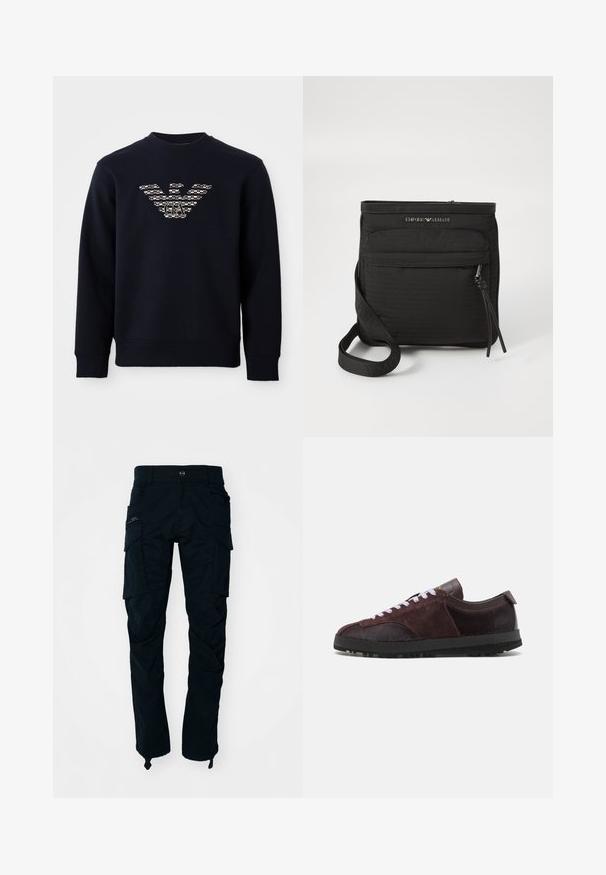 Navy blue crewneck sweatshirt with long sleeves, featuring a patterned eagle logo with "GA" initials centered on the chest.; Black cargo pants made of cotton, featuring multiple side pockets, a zip pocket, and a straight leg design with adjustable ankle straps.; Paul Smith ZEPHYR - Trainers - purple; Black Emporio Armani crossbody bag with front zipper pocket, adjustable strap, and logo detail on textured fabric.