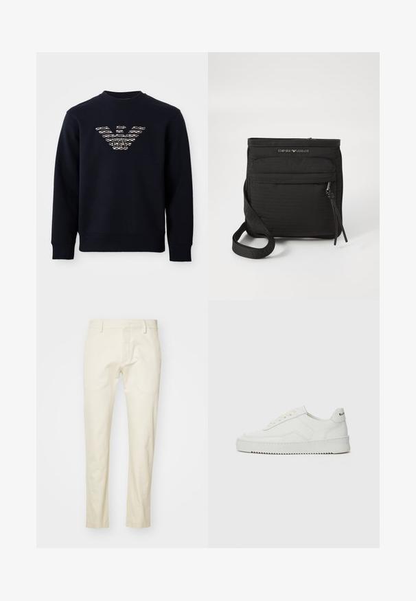 Námořnická modrá mikina s kruhovým výstřihem a dlouhými rukávy, s vzorovaným logem orla a iniciály "GA" umístěnými na hrudi.; Béžové bavlněné kalhoty se střihem rovného nohavice, předním zipem a plochými kapsami. Texturovaná tkanina s hladkým povrchem.; Bílé kožené tenisky s hladkým povrchem, kulatou špičkou, plochými tkaničkami a texturovanou podrážkou. Na patě se nachází nenápadné logo.; Černá crossbody taška Emporio Armani s přední zipovou kapsou, nastavitelným popruhem a logem na texturované tkanině.