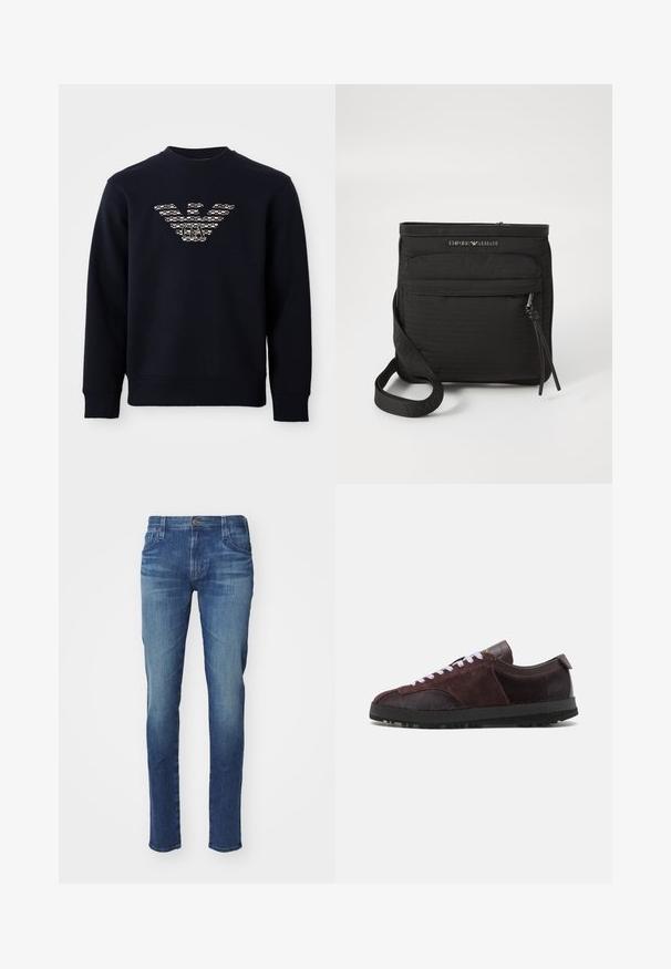 Tamsiai mėlynas džemperis su ilgomis rankovėmis, su raštuota erelio logotipu ir „GA“ inicialais, išdėstytais viduryje krūtinės.; Vyrų mėlyni džinsai su tiesiu pritaikymu, turintys klasikinį penkių kišenių dizainą, nežymų blukimą ir metalinį mygtuko užsegimą.; Paul Smith ZEPHYR - Sportbačiai - purple; Juodas „Emporio Armani“ per petį nešiojamas krepšys su priekinės užtrauktuko kišenės, reguliuojamu dirželiu ir logotipo detale ant struktūrinio audinio.
