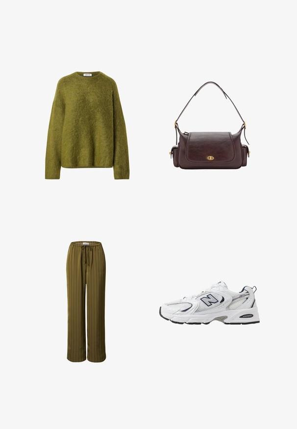 Olive green knit sweater made of soft, textured fabric. Features a crew neckline and long sleeves with a relaxed, boxy fit.; Olive green wide-leg pants with vertical black stripes, made of smooth fabric, featuring an elastic waistband and adjustable drawstring.; White athletic shoe with mesh upper, navy accents, and cushioned sole. Features "N" logo, laces, and textured detail on side.; Brown leather shoulder bag with a flap. Features gold hardware, a structured shape, and side pockets for added functionality.