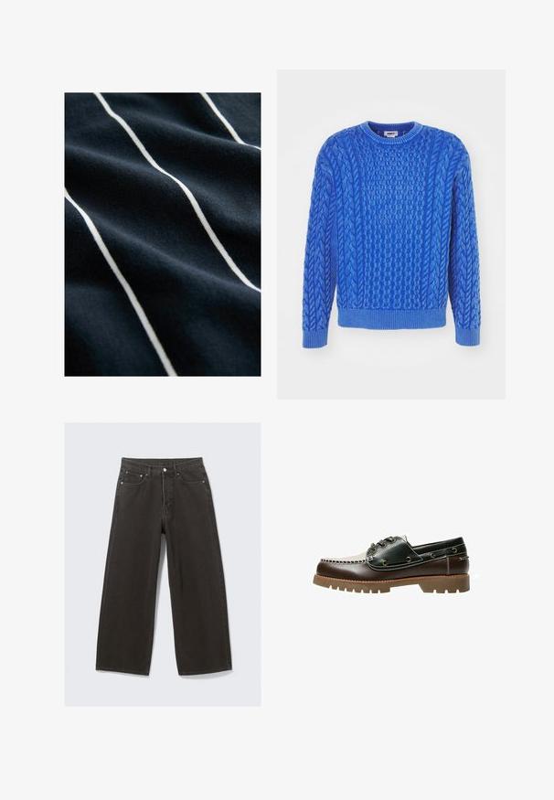 Pulover tricotat albastru cu un design texturat de tip cable, guler rotund și manșete și tiv ribbate. Fabricat dintr-un fir moale și gros.; Teren de culoare bleumarin cu dungi verticale albe, având o textură netedă și un ușor luciu, care evidențiază designul striped.; Jeans din denim negri cu picioare largi au o talie înaltă, un design cu cinci buzunare și închidere cu nasture. Materialul are o finisare moale și texturată.; Pantof cu bărci din piele maro și verde, cu un design cusut alb, șireturi rotunde și o talpă din cauciuc texturată. Construcție durabilă cu orificii pentru șireturi din metal.