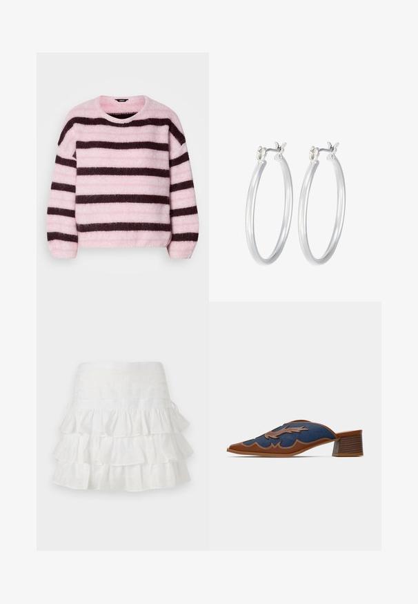 Ružový a hnedý pruhovaný sveter s okrúhlym výstrihom, vyrobený z mäkkého, nadýchaného materiálu, s dlhými rukávmi a voľným strihom.; sandro JUPE - Minisukňa - blanc; Džínové nazouvací mule s špičatou špičkou, hnědými koženými akcentmi a detailným šitím v prírodnom vzore. Nízký, stohovaný dřevěný podpatek.; Strieborné kruhové náušnice s hladkým, lesklým povrchom. Kolový tvar a bezpečné klikanie na uzatváranie. Ľahký dizajn vhodný na každodenné nosenie.