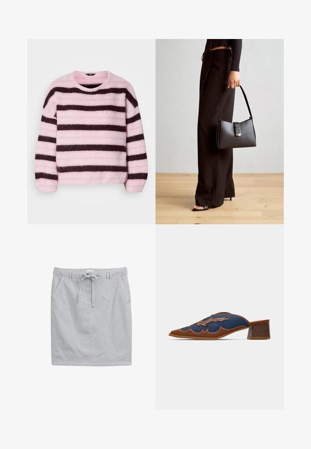 Roza i smeđa prugasta pulover s okruglim izrezom, izrađen od mekane, plišane tkanine, s dugim rukavima i opuštenim krojem.; Prugasta suknja svijetloplave i bijele boje od pamuka s elastičnom strukom, vezicom i dva bočna džepa. Glatka tekstura, dužina iznad koljena.; Denimski espadrile bez kopčanja s oštrim vrhom, smešnim kožnim detaljima i preciznim šavovima u uzorku vala. Niski, drveni potplat.; Crna torba s oblikom koji sadrži strukturu, glađu teksturu i metalnu kopču. Uparena s širokim crnim hlačama i sandalama na otvorenom s drvenog poda.