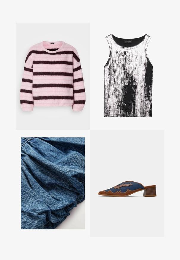 Jersey a rayas rosa y marrón con cuello redondo, hecho de un material suave y peludo, con mangas largas y un ajuste relajado.; Top sin mangas en blanco y negro, hecho de tela elástica, con un patrón rayado y detalles brillantes, cuello redondo y diseño sin mangas.; Tejido de mezclilla en un tono azul profundo, con una textura recogida que crea suaves pliegues. Superficie suave con variaciones de color sutiles.; Mules de denim sin cordones con punta afilada, acentos de cuero marrón y costuras detalladas en un patrón en ondas. Tacón de madera bajo y apilado.