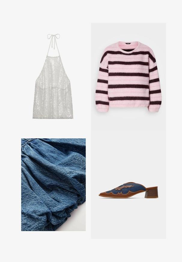 Růžovo-hnědý pruhovaný svetr s kulatým výstřihem, vyrobený z měkkého, načechraného materiálu, s dlouhými rukávy a volnějším střihem.; Stříbrný zástěr s flitry a vázáním za krkem. Má lehkou látku pokrytou malými kulatými flitry, které odrážejí světlo a texturu.; Denimová tkanina v tmavě modrém odstínu, s nařasenou texturou, která vytváří měkké záhyby. Hladký povrch s jemnými barevnými variacemi.; Džínové nazouvací muly s špičatou špičkou, hnědými koženými akcenty a detailem šití ve vlnkovém vzoru. Nízký, vrstvený dřevěný podpatek.