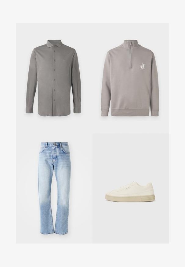 Vaaleanharmaa neljännesvetoketjupullove, joka on valmistettu pehmeästä materiaalista. Siinä on pieni valkoinen logo rinnassa sekä joustavat hihansuut ja helma.; Harmaa pitkähihainen paita, joka on valmistettu sileästä kankaasta. Paidassa on nappikiinnitys edessä, klassinen kaulus ja hienovarainen brodeerattu logo rinnassa.; Vaanit vaaleansinisistä farkuista, joissa on suora lahje. Varustettu viiden taskun suunnittelulla, nappisuljenta ja haalistunut pinta alareunassa.; Valkoiset kangastennarit, joissa on tekstuurilla varustettu kumipohja, ommeltu varvastuppi ja logo-aksentti kantapäässä. Yksinkertainen nauhakiinnitys.