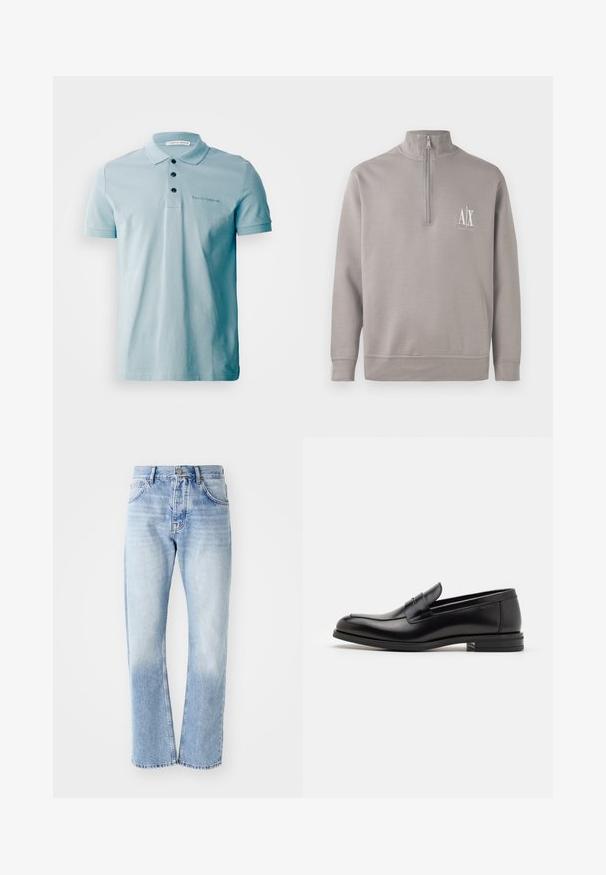 Gaišpelēks ceturtdaļas rāvējslēdzēja puloveris, kas izgatavots no mīksta materiāla, ar nelielu baltu logotipu uz krūtīm un elastīgiem piedurkņu un apakšmalas malumiem.; Gaiši zilas polo krekls ar mīkstu kokvilnas tekstūru, trīs melni pogas un izšūts logs uz krūtīm. Īsas piedurknes un klasiskā apkakle.; Gaiši zili džinsu bikses ar taisnu kāju griezumu. Ar piecu kabatu dizainu, pogu aizdari un izbalējušu tekstūru apakšā.; Melnas ādas kurpes ar gludu tekstūru, noapaļu purngalu un dekoratīvu siksniņu pāri priekšpusei. Zems sakrauts papēdis, minimālisma dizains.