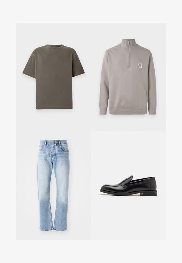 Light gray quarter-zip pullover made of soft material, featuring a small white logo on the chest and elasticated cuffs and hem.; Olive green short-sleeve t-shirt made from soft cotton, featuring a crew neck and a small "CLOSED" logo embroidered on the front.; Light blue denim jeans with a straight-leg cut. Features a five-pocket design, button fly, and faded texture towards the bottom.; Black leather loafers with a smooth texture, rounded toe, and a decorative strap across the vamp. Low stacked heel, minimalist design.