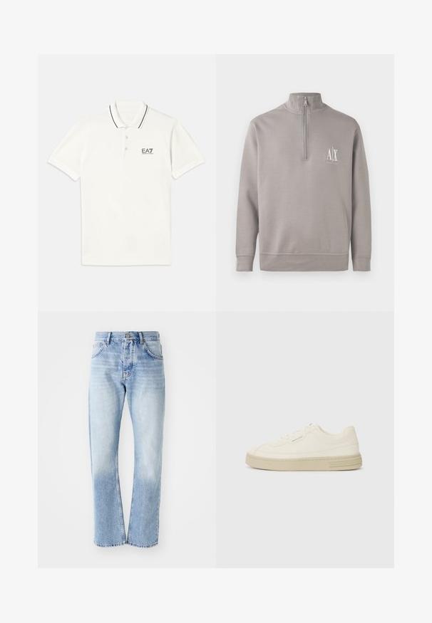 Svijetlosivi pulover s četvrtim zatvaračem izrađen od mekog materijala, s malim bijelim logotipom na prsima i elastičnim manžetama i rubom.; Bijela polo majica s kratkim rukavima, ovratnik na dva gumba, s crnim trakama kao detaljem, i malim crnim EA7 logom na prsima. Materijal: pamuk.; Svijetloplave traperice ravnog kroja. Imaju dizajn s pet džepova, dugmasti patent zatvarač i izblijedjelu teksturu prema dnu.; Bijele platnene tenisice s teksturiranom gumenom potplatom, s ušivenim vrhom i logom na peti. Jednostavan model za vezanje.