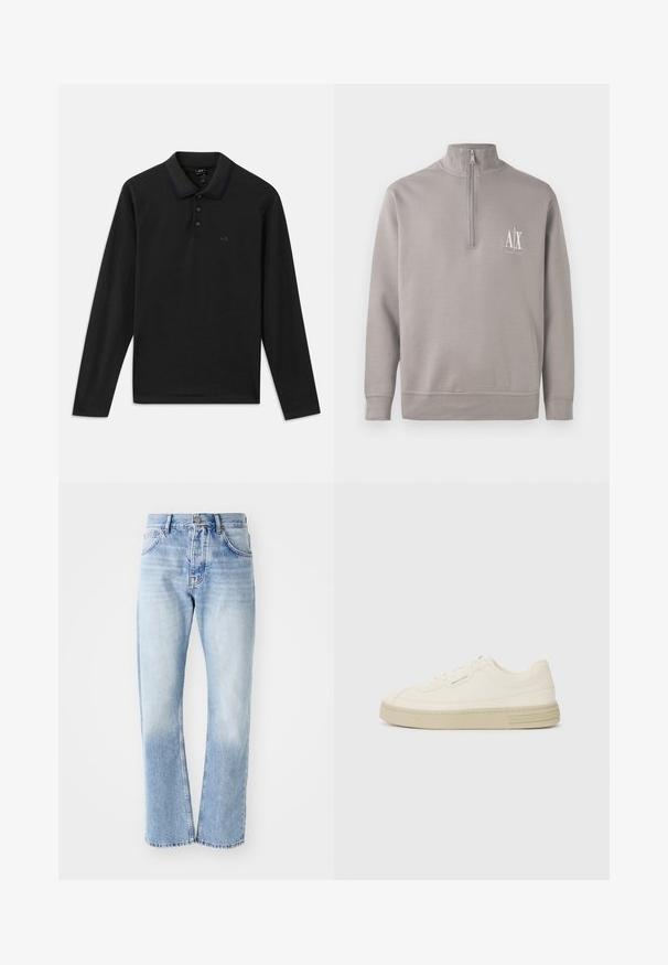 Light gray quarter-zip pullover made of soft material, featuring a small white logo on the chest and elasticated cuffs and hem.; Black long-sleeve polo shirt with a ribbed collar, featuring a three-button placket and subtle logo on the chest. Soft cotton material.; Light blue denim jeans with a straight-leg cut. Features a five-pocket design, button fly, and faded texture towards the bottom.; White canvas sneakers with a textured rubber sole, featuring a stitched toe cap and logo accent on the heel. Simple lace-up design.