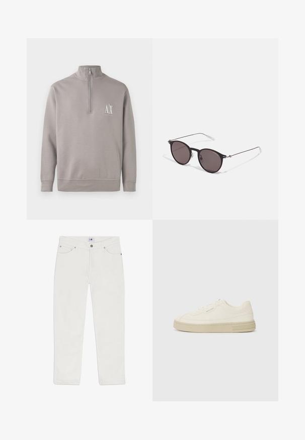 Heledhalli neljandiku tõmblukuga ülikond, mis on valmistatud pehmest materjalist, sisaldab rinda väikest valget logo ning elastseid mansette ja äärt.; Valged denim teksad sirge lõikega, viie-tasku disainiga ning hõbedaste detailide aktsentidega. Materjal on sileda tekstuuriga ja lihtsa stiiliga.; Valged kangast spordijalatsid tekstureeritud kummist tallaga, tükkide õmblusega varbakaitsme ja logo rõhuasetusega kandmisel. Lihtne lipsuga disain.; Mustad mustad prillid tumedate läätsedega ja õhukeste metallist käepidemetega. Kaarja kujuga seljaosa ja hõbedased aktsendid hingel. Minimalistlik disain.