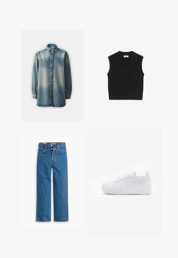 Sort strikket ærmeløs top med ribbet tekstur, V-hals design og et lille brandmærke på fronten.; Blå denimskjorte med klassisk krave, knaplukning foran og lange ærmer med en let løs pasform. Falmet vask og struktureret stof.; Blå denim lige ben jeans med høj talje, fem lomme design og knaplukning. Markante syninger og kobberfarvede nitter.; Hvide platform sneakers med en glat læderoverflade, perforerede detaljer og flade snørebånd; har en tyk hvid gummisål.