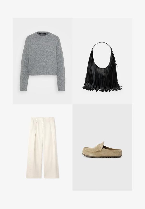 Mäkký šedý pletený sveter s dlhým rukávom, okrúhlym výstrihom a ribovanými manžetami, lemom a výstrihom, vystavený na neutrálnom pozadí.; Svetlo béžové široké nohavice vyrobené z textúrovaného materiálu, s prednými záhybmi, plochým pásom a bez viditeľného hardvéru alebo akcentov.; Birkenstock NAPLES WRAPPED LEVE TAUPEN - REGULAR - Šľapky - taupe; Čierna kožená taška s strapcami, zakriveným tvarom a jedným popruhom na rameno. Hladká textúra s celkovým minimalistickým dizajnom.