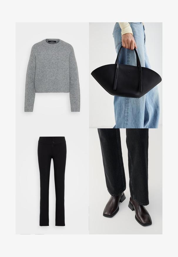 Mekana siva pletena dugoruka košulja s okruglim izrezom i rebrastim manžetama, rubom i izrezom prikazana na jednostavnoj pozadini.; Gina Tricot Tall LOW STRAIGHT TROUSERS - Hlače - black; Smeđe kožne gležnjače sa četvrtastim vrhom i blok potplatom, uparenim s crnim širokim trapericama. Glatka tekstura i minimalistički dizajn.; Crna kožna torba jedinstvenog oblika ventilatora, s ravnim ručkama. Površina ima teksturu sličnu šljunku i minimalistički dizajn.