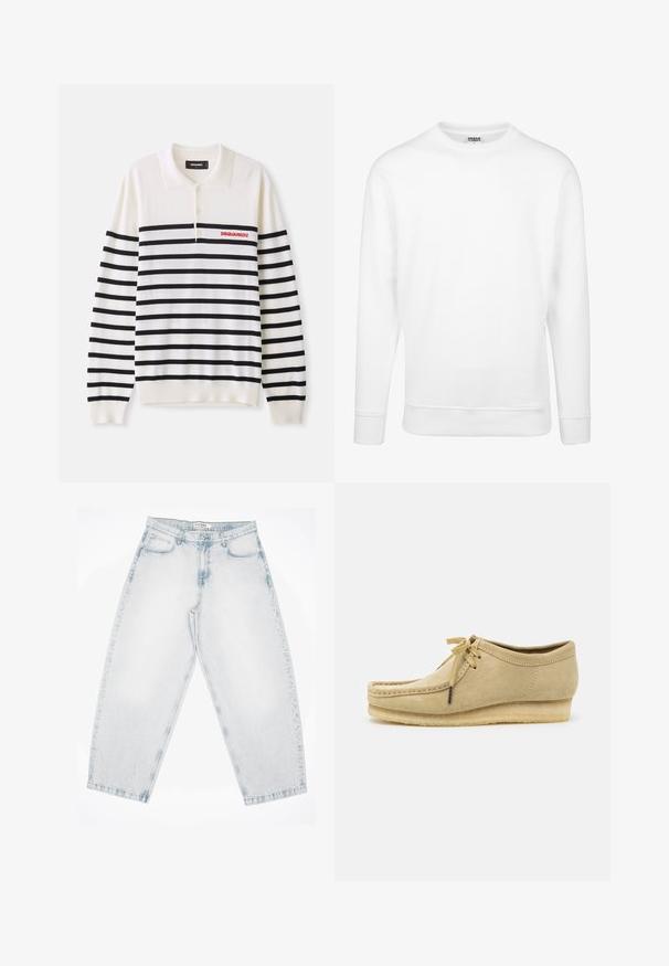 Hvid sweatshirt lavet af blødt stof. Har lange ærmer, rund halsudskæring, ribbede manchetter og kant. Enkel og minimalistisk design.; Hvid langærmet polo med sorte vandrette striber, der har tre knapper og et rødt "DSQUARED2" logo på venstre bryst. Blødt strikmateriale.; Lys blå denimjeans med en løs, baggy pasform. Har fem lommer, knaplukning og syede detaljer. Blegede tekstur og lige ben.; Beige suedestøvle med snørebåndsdesign, syede detaljer og gummisål. Formen er afslappet med en let hæl.
