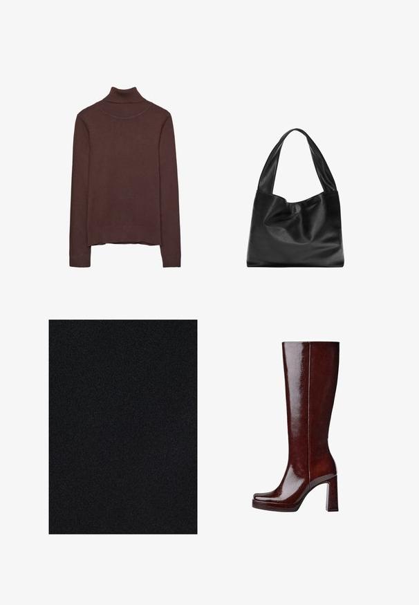 Ruskea korkea kaulusneule, joka on valmistettu pehmeästä kankaasta. Neuleessa on tiukka malli, ribbikuvioinen kaulus ja hihansuut sekä hieman lyhyempi helma.; Musta kangas, jossa on sileä pinta, tasainen väri ja hienovarainen kiilto, soveltuu erilaisiin käyttötarkoituksiin ja vaatteisiin.; Polvisteiset, kiiltävät burgundinpunaiset nahkasaappaat, joissa on neliön muotoinen kärki, kohotettu alusta ja paksu lohko korko. Sileä pinta ja vähäiset yksityiskohdat.; Musta nahkainen olkalaukku, jossa on pehmeä, roikkuva muotoilu, leveät kahvat ja sileä pinta. Ei näkyviä metalliosia tai koristeluja.