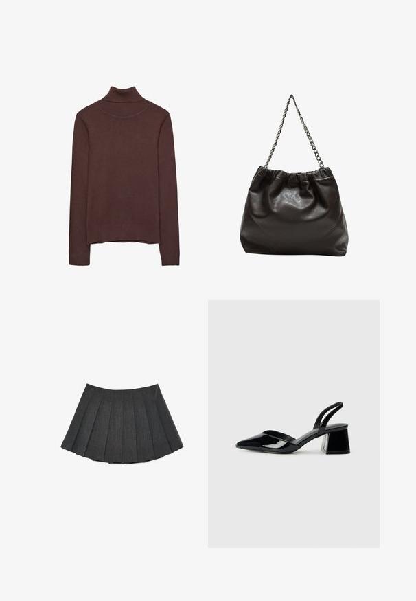 Brązowy sweter z golfem wykonany z miękkiego materiału, charakteryzujący się dopasowanym krojem, prążkowanym kołnierzem i mankietami oraz lekko skróconym dołem.; Plisowana spódnica w ciemnoszarym kolorze, wykonana z teksturowanej tkaniny. Charakteryzuje się rozkloszowanym krojem z równomiernie rozmieszczonymi plisami i płaskim paskiem w talii.; Czarne lakierowane półbuty na obcasie z wydłużonym noskiem i geometrycznym słupkiem. Charakteryzują się eleganckim, minimalistycznym designem oraz gładką fakturą.; Brązowa skórzana torba z marszczonym szczytem i łańcuszkowym paskiem. Gładka tekstura z błyszczącym wykończeniem i subtelnymi detalami szwów po bokach.