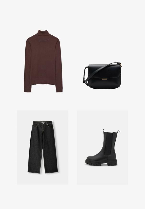 Hnedý rolák vyrobený z mäkkej tkaniny, s priliehavým strihom, rebrovaným golierom a manžetami a s mierne skráteným pásom.; Čierne denimové nohavice s širokými nohavicami, ktoré majú päť vreciek, kovový gombík a zips na zapínanie, a kontrastné žlté švy pozdĺž švov.; Čierne Chelsea čižmy vyrobené z kože a elastického materiálu, s robustnou gumovou podrážkou s výrazným vzorom a ťahacími pútkami pre jednoduché obúvanie.; Čierna kožená taška cez plece s preklopným uzáverom a nastaviteľným ramenným popruhom, s malým obdĺžnikovým zlatým akcentom.