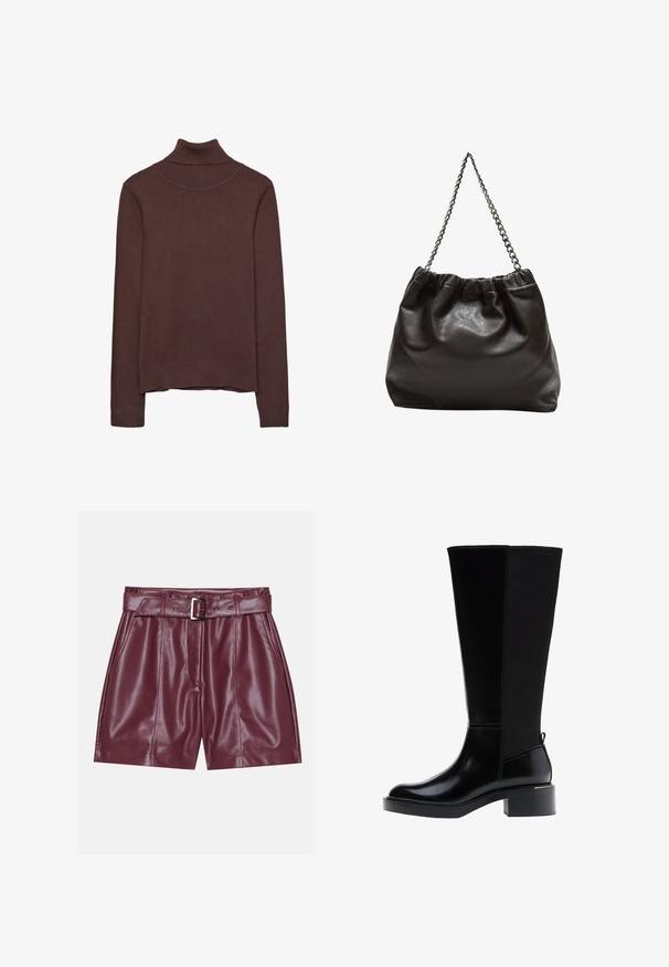 Hnedý rolák vyrobený z mäkkej tkaniny, s priliehavým strihom, rebrovaným golierom a manžetami a s mierne skráteným pásom.; Burgundské šortky z umelého kože s širokým pásom, opaskom so striebornou prackou a prednými sklady pre uvoľnený strih.; Čierne kožené čižmy po kolená s lesklým povrchom, štvorcovou špičkou, blokovým opätkom a detailom na bočnom šve. Majú pútko na zadnej strane.; Hnedá kožená taška so zberaným vrchom a reťazovým popruhom. Hladký povrch s lesklým finišom a jemným švom po stranách.
