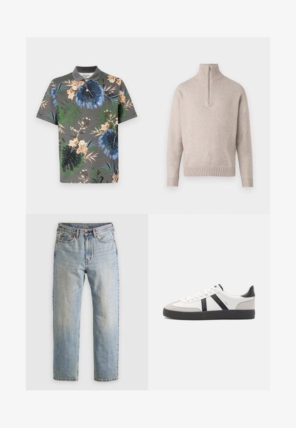 Smėlio spalvos ketvirčio užtrauktuko megztinis iš minkštos mezginio medžiagos. Su išplėstiniu apykakle ir rankogaliais, laisvu pjūviu ir besiūle konstrukcija.; Šviesiai pilkas trumpomis rankovėmis polo marškinėliai su ryškiomis gėlių ir lapų raštais mėlynos, žalios ir smėlio spalvų. Savybės, kaip kontrastinga apykaklė ir mygtukų užsegimo sistema.; Šviesiai mėlynos džinsinės kelnės su aukštu liemeniu, priekyje mygtukas, užtrauktukas ir penkių kišenių dizainas, išklotos ant neutralios fono.; Balti sportbačiai su juodais ir pilkais akcentais, pasižymintys tekstūruotu pilku pirštų dangteliu, juoda gumine padais ir plokščiomis baltomis raišteliais. Švarus dizainas, minimalistinis stilius.