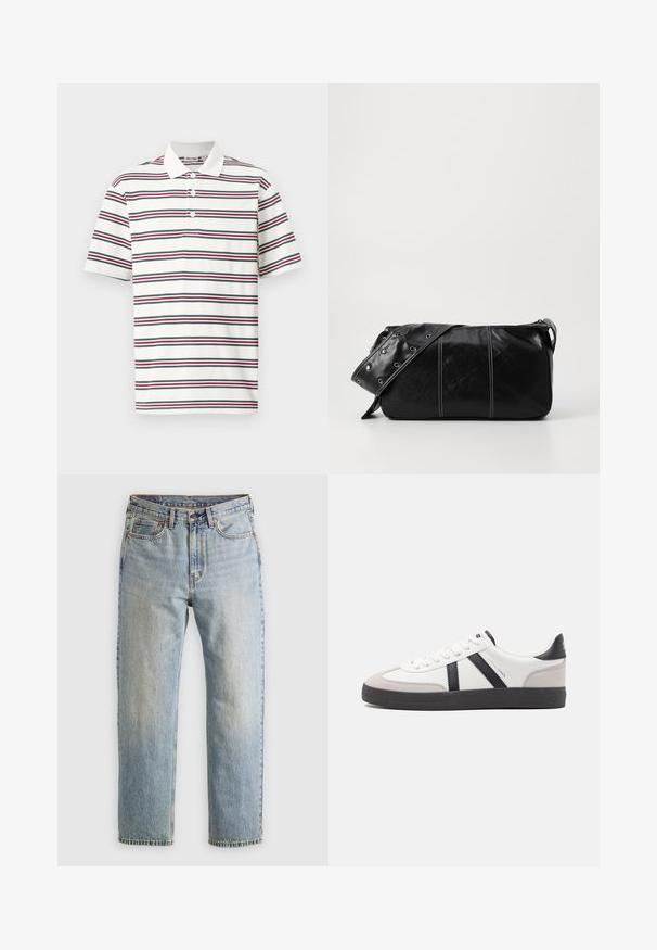 Beige kvart-zip pullover sweater i blødt strikket stof. Har ribbet krave og manchetter, med en afslappet pasform og sømløst design.; Kortærmet polo-shirt i hvid med vandrette striber i marineblå, rød og grøn. Har en klassisk krave og tre-knaps placket.; Lysblå denim jeans med høj talje, frontknap, lynlås og fem-lomme design, lagt fladt på en neutral baggrund.; Hvide sneakers med sorte og grå detaljer, med en tekstureret grå tåhætte, sort gummisål og flade hvide snørebånd. Rent design, minimalistisk stil.; Sort læder skuldertaske med lynlås, der har en tekstureret overflade, hvid syning og en rem med sølvøskner.