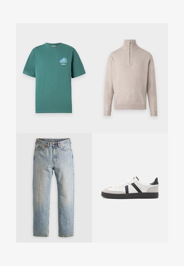 Béžový pulovr s čtvrtzipem ze měkké pleteniny. Obsahuje ribbovaný límec a manžety, má uvolněný střih a bezšvový design.; Zelené bavlněné tričko s krátkým rukávem, na levé části hrudi má malý, barevný grafický design. Lehký, klasický střih.; Svetle modré džíny z denimu s vysokým pasem, předním knoflíkem, zipem a designem s pěti kapsami, ležící rovně na neutrálním pozadí.; Bílé tenisky s černými a šedými akcenty, opatřené texturovaným šedým prstovým krytem, černou gumovou podrážkou a plochými bílými tkaničkami. Čistý design, minimalistický styl.