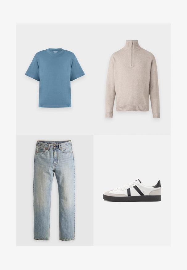 Beige színű, negyedcipzáras pulóver puha kötött anyagból. Bordázott gallérral és mandzsettákkal rendelkezik, laza szabású és varrás nélküli kialakítással.; Kék, rövid ujjú póló, pamutból készült, kerek nyakkivágással és laza szabással. Sima textúra, minimalista design, minta vagy díszítés nélkül.; Világoskék farmernadrág magas derékkal, elülső gombbal, cipzárral és öt zsebbel, sima háttérre fektetve.; Fehér sneaker fekete és szürke részletekkel, textúrált szürke orr résszel, fekete gumitalppal és lapos fehér fűzőkkel. Tiszta dizájn, minimalista stílus.