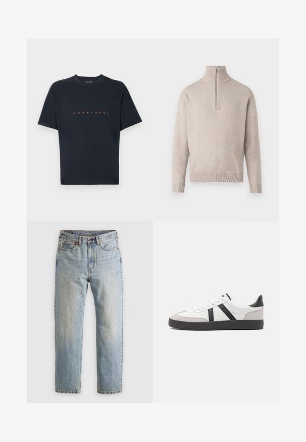 Bežs ceturtdaļas rāvējslēdzēja džemperis, izgatavots no mīkstām adītām šķiedrām. Ar ribotām apkakli un piedurknēm, brīvi izgatavots un bezšuvju dizains.; Melna kokvilnas T-krekls ar īsām piedurknēm un apaļu kakla izgriezumu. Priekšpusē izcelts uzraksts "JACK & JONES" izteiksmīgā oranžā krāsā. Gluda tekstūra.; Gai zila denima bikses ar augstu jostasvietu, priekšējo pogu, rāvējslēdzēju un piecu kabatu dizainu, izlīdzinātas uz neitrāla fona.; Baltas sneakeris ar melniem un pelēkiem akcentiem, kuram ir teksturēts pelēks purngals, melna gumijas zole un plakanas baltas šņores. Tīrs dizains, minimālisma stils.