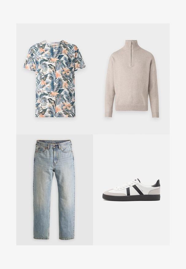 Bežani pulover s četvrtim zipom od mekanog pletiva. Ima rebrasti ovratnik i manžete, s opuštenim krojem i bezšavnim dizajnom.; Majica s kratkim rukavima izrađena od tkanine s tropskim cvjetnim uzorkom u nijansama zelene, ružičaste i plave na bijeloj pozadini.; Svijetloplave traperice visoki struk, prednji gumb, zatvarač i dizajn s pet džepova, položene ravno na neutralnoj pozadini.; Bijele tenisice s crnim i sivim detaljima, s teksturiranim sivim zaštitnikom prstiju, crnim gumene potplate i ravnim bijelim vezicama. Čist dizajn, minimalistički stil.