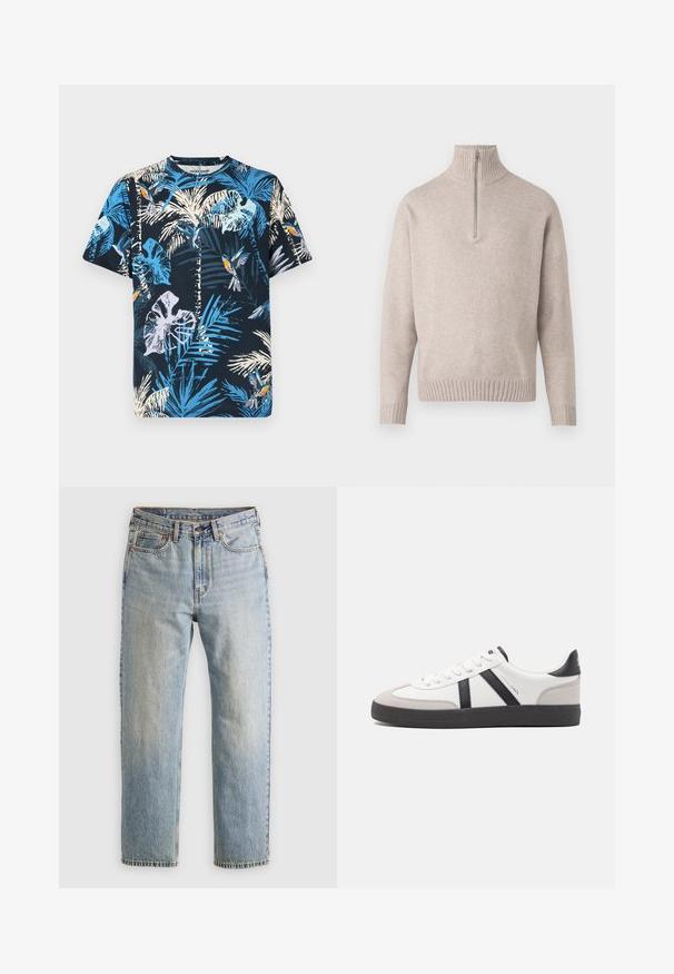 Beige puolipohjepusero pehmeästä neulekankaasta. Ominaisuuksiin kuuluvat ribbetty kaulus ja hihansuut, rento istuvuus ja saumatön muotoilu.; Lyhythihainen puuvillapaita, jossa on tummansininen tausta ja kirkkaan sinisiä sekä valkoisia palmunlehti- ja lintukuvioita. Pyöreä pääntie ja rento malli.; Vaaleansininen farkut, joissa on korkea vyötärö, etunappi, vetoketju ja viisi taskua, asetettu tasaisesti neutraalille taustalle.; Valkoiset lenkkarit mustilla ja harmailla yksityiskohdilla, joissa on teksturoitu harmaa kärki, musta kumipohja ja litteät valkoiset nauhat. Siisti muotoilu, minimalistinen tyyli.