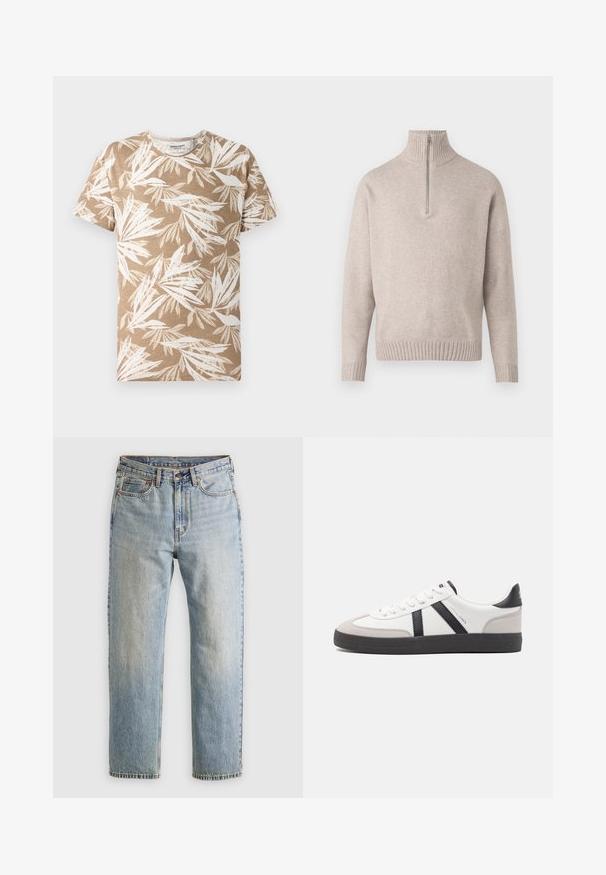 Bežs ceturtdaļas rāvējslēdzēja džemperis, izgatavots no mīkstām adītām šķiedrām. Ar ribotām apkakli un piedurknēm, brīvi izgatavots un bezšuvju dizains.; Īsām piedurknēm t-krekls gaismas brūnā krāsā ar baltu lapu rakstu. Mīksts audums, apaļš kakls un brīvi pieguļošs griezums.; Gai zila denima bikses ar augstu jostasvietu, priekšējo pogu, rāvējslēdzēju un piecu kabatu dizainu, izlīdzinātas uz neitrāla fona.; Baltas sneakeris ar melniem un pelēkiem akcentiem, kuram ir teksturēts pelēks purngals, melna gumijas zole un plakanas baltas šņores. Tīrs dizains, minimālisma stils.