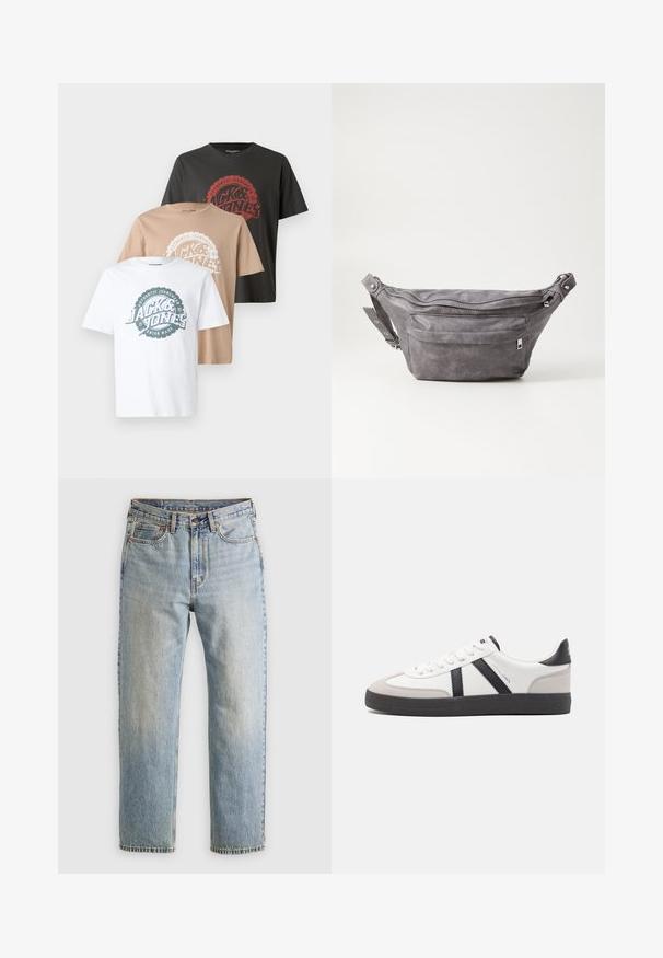 Beiger Pullover mit Viertelreißverschluss aus weichem Strickstoff. Mit geripptem Kragen und Bündchen, einem lockeren Schnitt und nahtlosem Design.; Drei T-Shirts: eines weiß, eines beige, eines dunkelgrau. Jedes T-Shirt hat ein kreisförmiges Logo-Design mit Text in kontrastierenden Farben und einem Rundhalsausschnitt.; Helle blaue Jeans mit hoher Taille, Frontknopf, Reißverschluss und fünf Taschen-Design, flach auf einem neutralen Hintergrund ausgelegt.; Weiße Sneaker mit schwarz- und grau-aczenten, ausgestattet mit einer strukturierten grauen Zehenkappe, schwarzer Gummi-Sohle und flachen weißen Schnürsenkeln. Sauberes Design, minimalistische Stil.; Graue Wildleder-Gürteltasche mit runder Form, zwei mit Reißverschluss verschlossenen Fächern und verstellbarem Trageriemen. Mit metallischen Hardware-Akzenten.