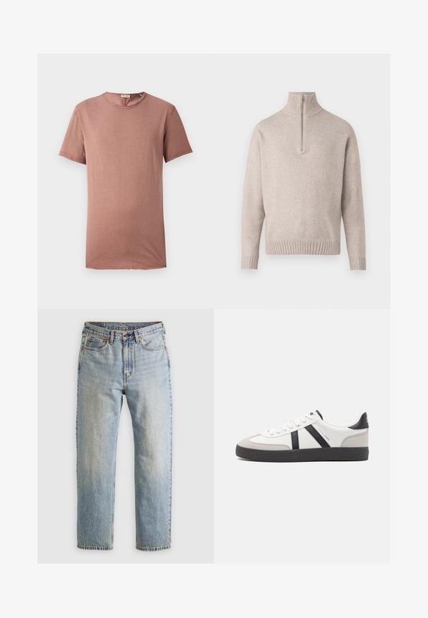 Beiger Pullover mit Viertelreißverschluss aus weichem Strickstoff. Mit geripptem Kragen und Bündchen, einem lockeren Schnitt und nahtlosem Design.; Kurzarm-T-Shirt mit Rundhalsausschnitt in staubigem Rosé. Weicher Stoff mit minimalen Details und geradem Schnitt, ideal für Freizeitkleidung.; Helle blaue Jeans mit hoher Taille, Frontknopf, Reißverschluss und fünf Taschen-Design, flach auf einem neutralen Hintergrund ausgelegt.; Weiße Sneaker mit schwarz- und grau-aczenten, ausgestattet mit einer strukturierten grauen Zehenkappe, schwarzer Gummi-Sohle und flachen weißen Schnürsenkeln. Sauberes Design, minimalistische Stil.