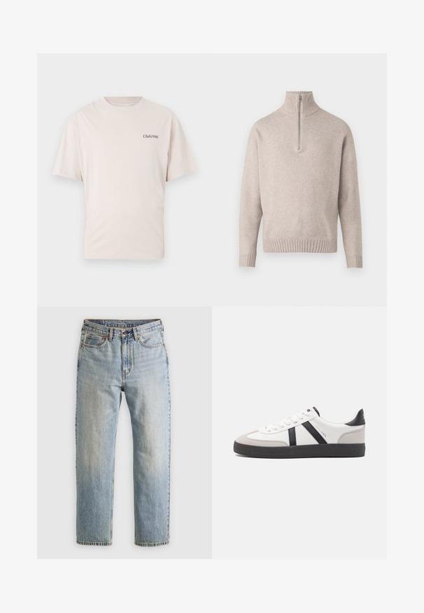 Smėlio spalvos ketvirčio užtrauktuko megztinis iš minkštos mezginio medžiagos. Su išplėstiniu apykakle ir rankogaliais, laisvu pjūviu ir besiūle konstrukcija.; Šviesiai smėlinė medvilninė marškinėliai su trumpos rankovėmis ir apvaliu iškirpimu, turintys mažą juodą "Club1990" logotipą kairėje krūtinės pusėje.; Šviesiai mėlynos džinsinės kelnės su aukštu liemeniu, priekyje mygtukas, užtrauktukas ir penkių kišenių dizainas, išklotos ant neutralios fono.; Balti sportbačiai su juodais ir pilkais akcentais, pasižymintys tekstūruotu pilku pirštų dangteliu, juoda gumine padais ir plokščiomis baltomis raišteliais. Švarus dizainas, minimalistinis stilius.