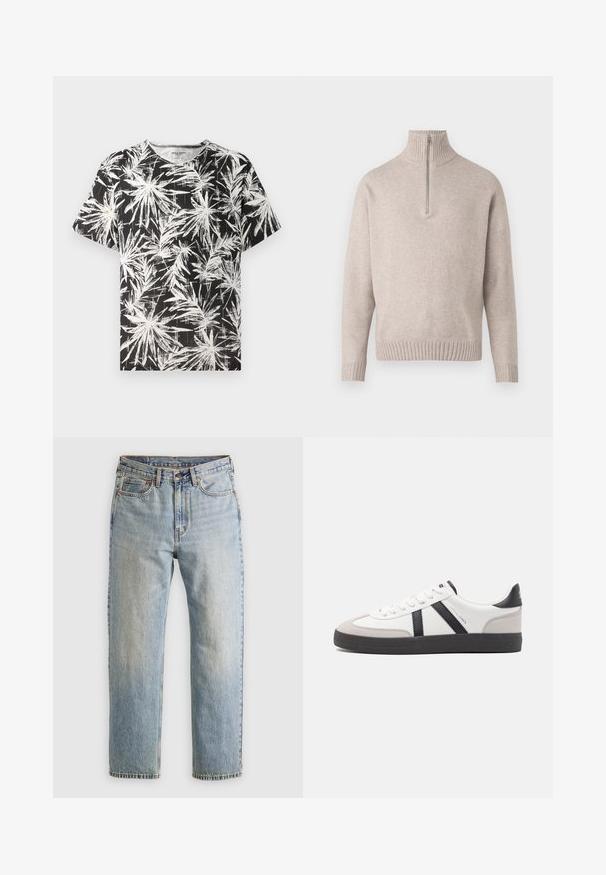 Bežs ceturtdaļas rāvējslēdzēja džemperis, izgatavots no mīkstām adītām šķiedrām. Ar ribotām apkakli un piedurknēm, brīvi izgatavots un bezšuvju dizains.; Melns T-krekliņš ar baltiem abstraktiem palmu lapu rakstiem, īsām piedurknēm un apaļu kakla izgriezumu, izgatavots no viegla kokvilnas auduma.; Gai zila denima bikses ar augstu jostasvietu, priekšējo pogu, rāvējslēdzēju un piecu kabatu dizainu, izlīdzinātas uz neitrāla fona.; Baltas sneakeris ar melniem un pelēkiem akcentiem, kuram ir teksturēts pelēks purngals, melna gumijas zole un plakanas baltas šņores. Tīrs dizains, minimālisma stils.