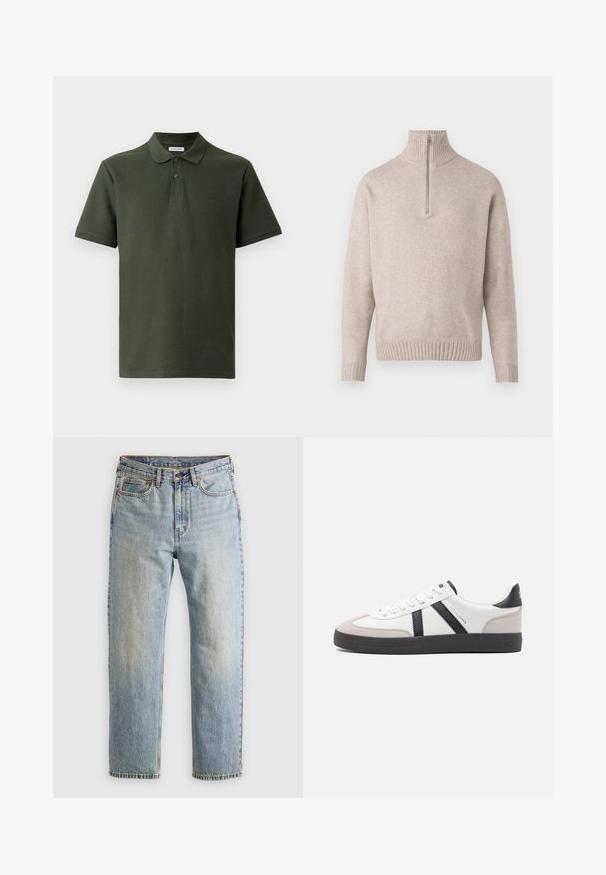 Beige színű, negyedcipzáras pulóver puha kötött anyagból. Bordázott gallérral és mandzsettákkal rendelkezik, laza szabású és varrás nélküli kialakítással.; Sötétzöld pólóing, texturált anyagból készült. Szíja van, két gombbal és egy kis logóval a mellkasán. Rövid ujjak.; Világoskék farmernadrág magas derékkal, elülső gombbal, cipzárral és öt zsebbel, sima háttérre fektetve.; Fehér sneaker fekete és szürke részletekkel, textúrált szürke orr résszel, fekete gumitalppal és lapos fehér fűzőkkel. Tiszta dizájn, minimalista stílus.