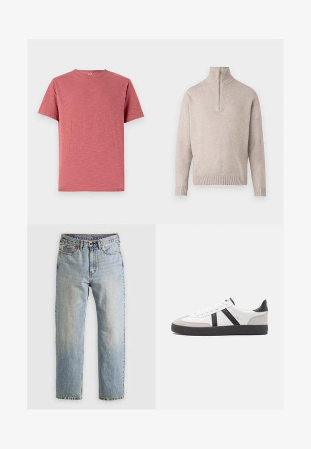 Beżowy sweter z półzipem o miękkiej dzianinie. Posiada ryżowy kołnierz i mankiety, w luźnym fasonie i bezszwowym designie.; Koszulka z krótkim rękawem, okrągłym dekoltem w lekko różowym kolorze, wykonana z miękkiej bawełny o gładkiej teksturze i prostym designie.; Jasnoniebieskie dżinsy z wysokim stanem, z guzikiem z przodu, zamkiem błyskawicznym i pięcioma kieszeniami, ułożone na płasko na neutralnym tle.; Białe sneakersy z czarnymi i szarymi akcentami, z teksturowanym szarym czubkiem, czarną gumową podeszwą i płaskimi białymi sznurowadłami. Czysty design, minimalistyczny styl.