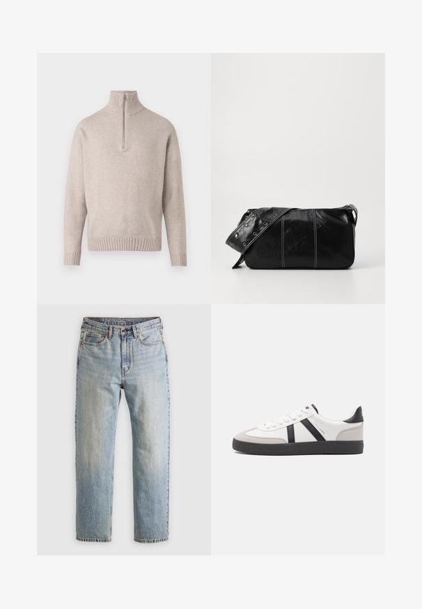 Bež pulover s četrtno zadrgo iz mehkega pletenega materiala. Z ribastim ovratnikom in manšetami, sproščenega kroja in brezšivnim dizajnom.; Svetlo modri džins hlače z visokim pasom, sprednjim gumbom, zadrgo in petimi žepi, laid flat na nevtralni podlagi.; Bela športna obutev z črnimi in sivo akcenti, z teksturirano sivo kapico za prste, črnim gumijastim podplatom in ravnimi belimi vezalkami. Čista zasnova, minimalistični slog.; Črna usnjena torba za ramo z zadrgo, ki ima teksturirano telo, belo šivanje in trak s srebrnimi luknjami.
