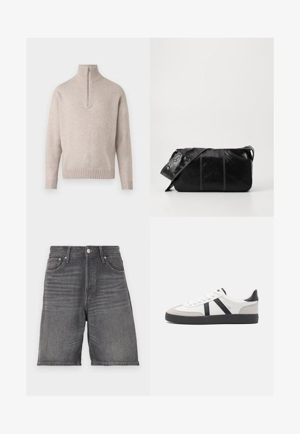 Bežs ceturtdaļas rāvējslēdzēja džemperis, izgatavots no mīkstām adītām šķiedrām. Ar ribotām apkakli un piedurknēm, brīvi izgatavots un bezšuvju dizains.; Tumsē pelēkas džinsu šorti ar taisnu piegriezumu. Iezīmēti ar piecām kabatām, jostas vietu ar jostu cilpām un pogu aizdari.; Baltas sneakeris ar melniem un pelēkiem akcentiem, kuram ir teksturēts pelēks purngals, melna gumijas zole un plakanas baltas šņores. Tīrs dizains, minimālisma stils.; Melnas ādas plecu soma ar rāvējslēdzēja aizdari, ar teksturētu virsmu, baltu dūrienu un siksnu ar sudraba iekavām.