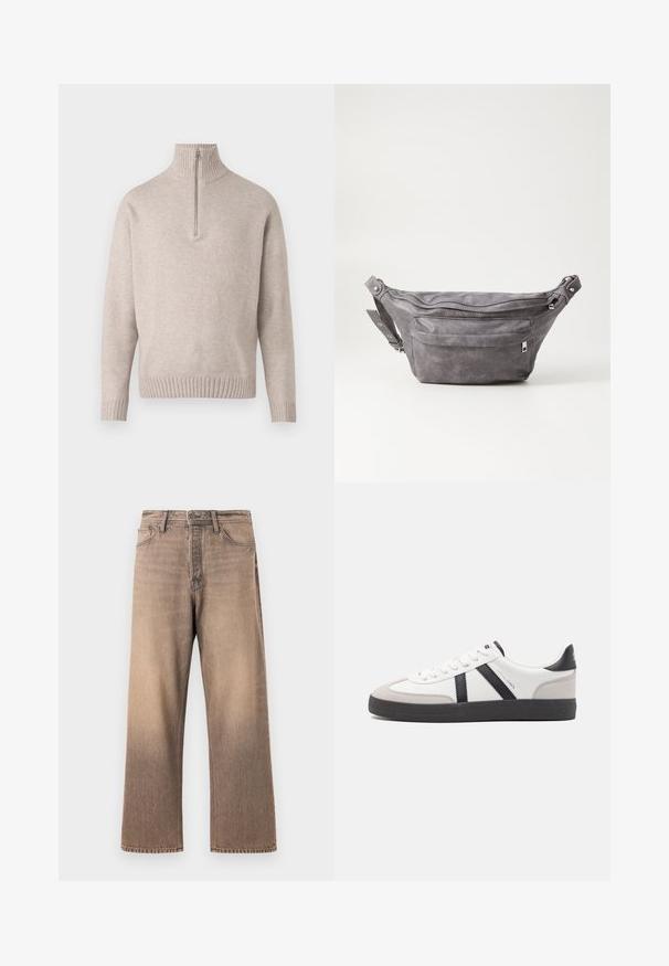 Bežs ceturtdaļas rāvējslēdzēja džemperis, izgatavots no mīkstām adītām šķiedrām. Ar ribotām apkakli un piedurknēm, brīvi izgatavots un bezšuvju dizains.; Klasiskas piegriezuma platās kājas džinsi ar gradienta brūnu tonalitāti, piecas kabatas, josta cilpiņas un kontrastējoša šuvju apstrāde uz gludas džinsu tekstūras.; Baltas sneakeris ar melniem un pelēkiem akcentiem, kuram ir teksturēts pelēks purngals, melna gumijas zole un plakanas baltas šņores. Tīrs dizains, minimālisma stils.; Pelēks zamšādas jostas somiņa ar noapaļotu formu, divām kabatām ar rāvējslēdzējiem un regulējamu siksnu. Iekļauj metāla aksesuārus.
