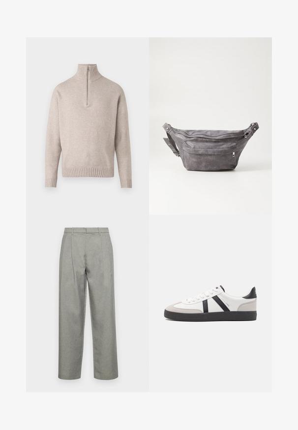 Beżowy sweter z półzipem o miękkiej dzianinie. Posiada ryżowy kołnierz i mankiety, w luźnym fasonie i bezszwowym designie.; Szare dopasowane spodnie z teksturowanej tkaniny, o prostym kroju nogawki, z fałdami z przodu oraz standardowym paskiem z szlufkami.; Białe sneakersy z czarnymi i szarymi akcentami, z teksturowanym szarym czubkiem, czarną gumową podeszwą i płaskimi białymi sznurowadłami. Czysty design, minimalistyczny styl.; Szara zamszowa saszetka biodrowa o zaokrąglonym kształcie, z dwoma zasuwanymi komorami i regulowanym paskiem. Wyróżnia się metalowymi akcentami.