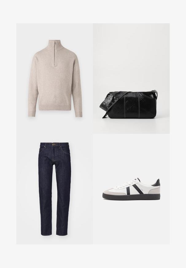 Smėlio spalvos ketvirčio užtrauktuko megztinis iš minkštos mezginio medžiagos. Su išplėstiniu apykakle ir rankogaliais, laisvu pjūviu ir besiūle konstrukcija.; Tamsiai mėlynos džinsinės kelnės su tiesiu kirpimu, penkių kišenių dizainu, kontrastingomis geltonomis siūlėmis ir metaliniu mygtuko užsegimu juosmens srityje.; Balti sportbačiai su juodais ir pilkais akcentais, pasižymintys tekstūruotu pilku pirštų dangteliu, juoda gumine padais ir plokščiomis baltomis raišteliais. Švarus dizainas, minimalistinis stilius.; Juodas odinis pečių krepšys su užtrauktuku, turintis tekstūruotą paviršių, baltą siuvinėjimą ir dirželį su sidabinėmis metalinėmis detalėmis.